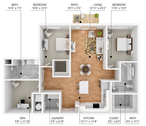 Floor plan for 2 beds, 2 baths, 1277 sqft